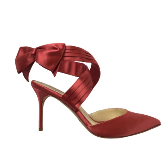 NWOB Sarah Flint Ankle Bow Wrap Heels Womens 37.5 7.5 Salmon Pink Pointed Toe - Picture 13 of 13